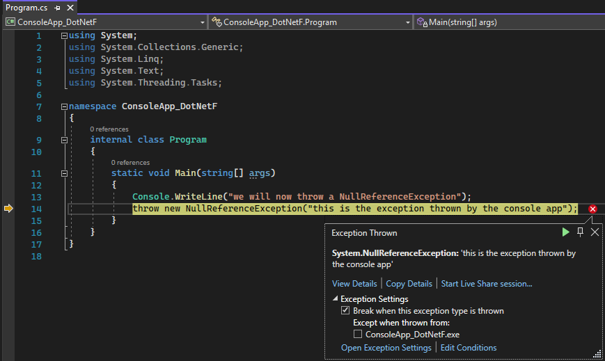 Screenshot of the ThrowsNullException project in Visual Studio, with highlighting of the line of source code that threw the exception.