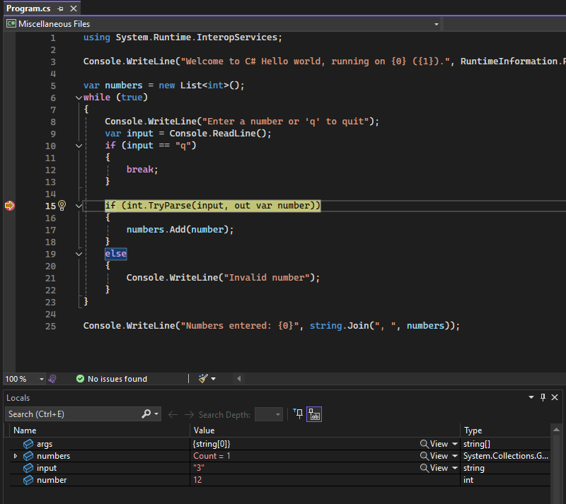 Снимок экрана, где достигнута точка останова.