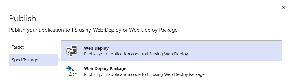 Screenshot showing the option to publish to IIS, showing the choice of deployment mode.