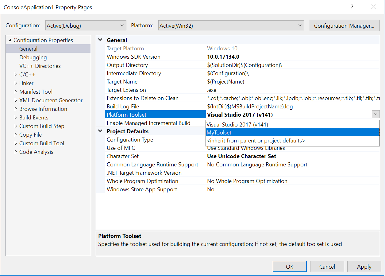 The Platform Toolset property in the project Property Pages dialog
