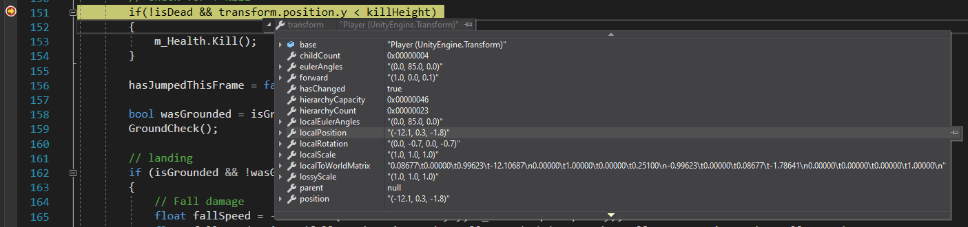 Снимок экрана: среда Visual Studio остановлена в точке останова при проверке переменных.