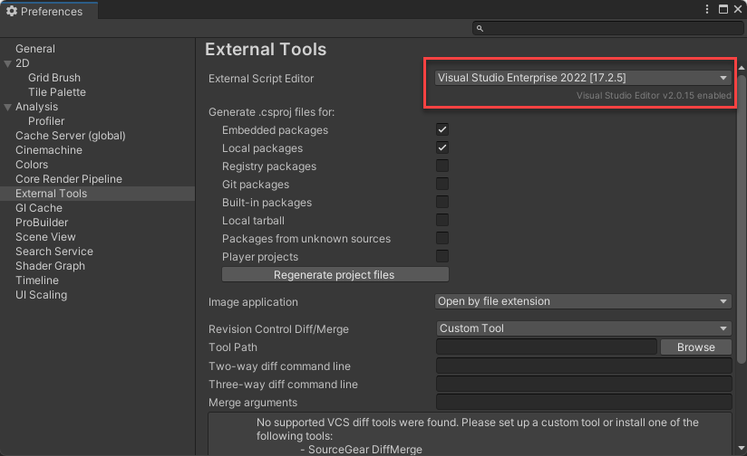 Снимок экрана: меню настроек внешних инструментов в редакторе Unity в Windows.