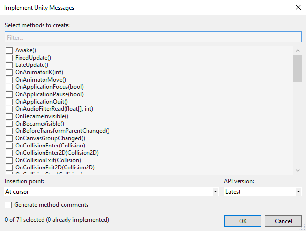 Screenshot of the monobehavior wizard dialog in Visual Studio.