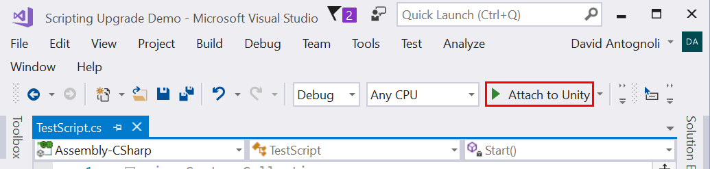 Screenshot of the Attach to Unity button in Visual Studio.