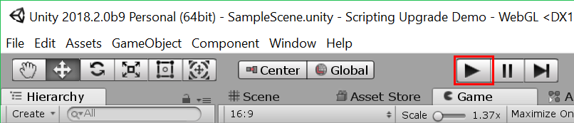 Screenshot of the Play button in Unity on Windows.