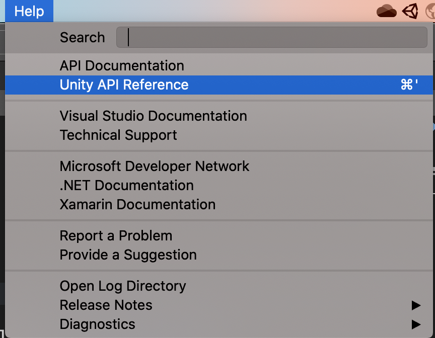 Screenshot of the Unity API Reference menu in Visual Studio for Mac.