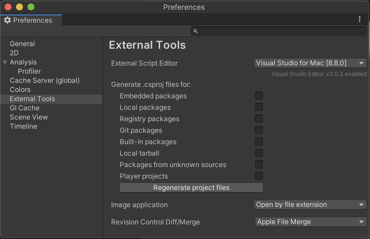 Снимок экрана: меню настроек внешних инструментов в редакторе Unity в macOS.
