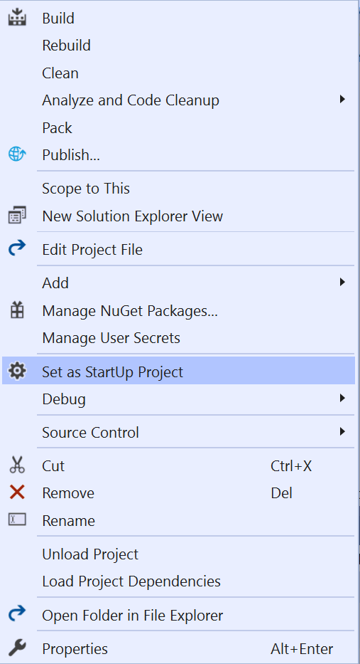 Screenshot that shows setting the startup project.
