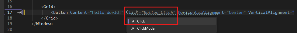 Снимок экрана: код XAML для кнопки в редакторе XAML с выделенным событием нажатия кнопки.