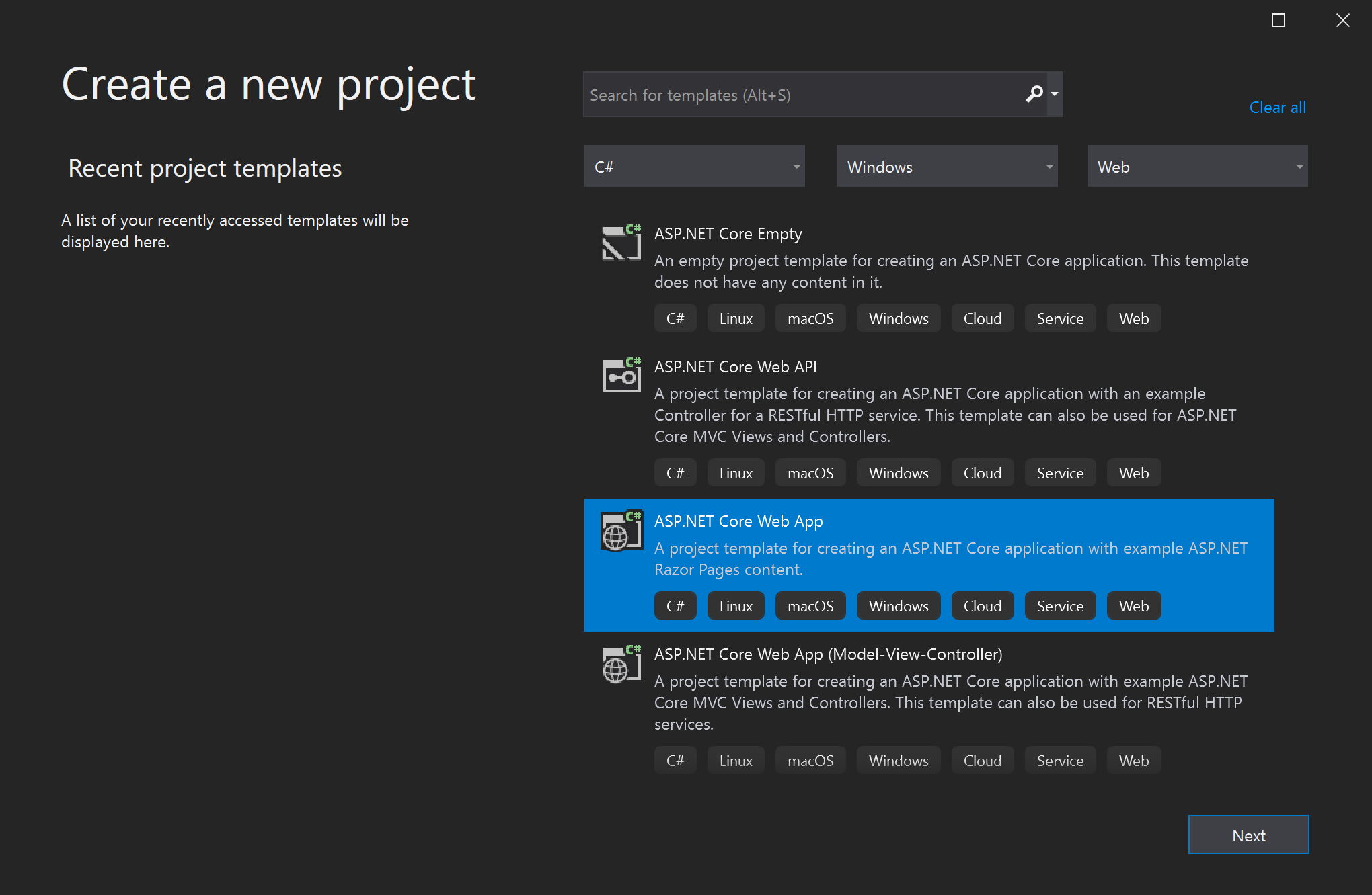 Screenshot that shows the ASP.NET Core Web App project template highlighted in the New Project dialog box in Visual Studio.