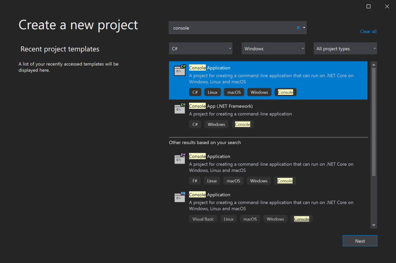 Screenshot of the C# template for the Console App.