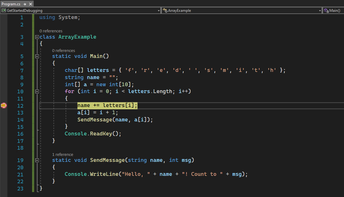 Снимок экрана: точка останова в редакторе кода Visual Studio 2022 с приостановленным выполнением кода в точке останова.