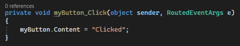 Снимок экрана: код C# для обработчика событий myButton_Click по умолчанию.