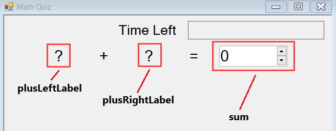 Screenshot that shows the first row of the math quiz. Labels are visible, and a control with arrow keys displays a zero.