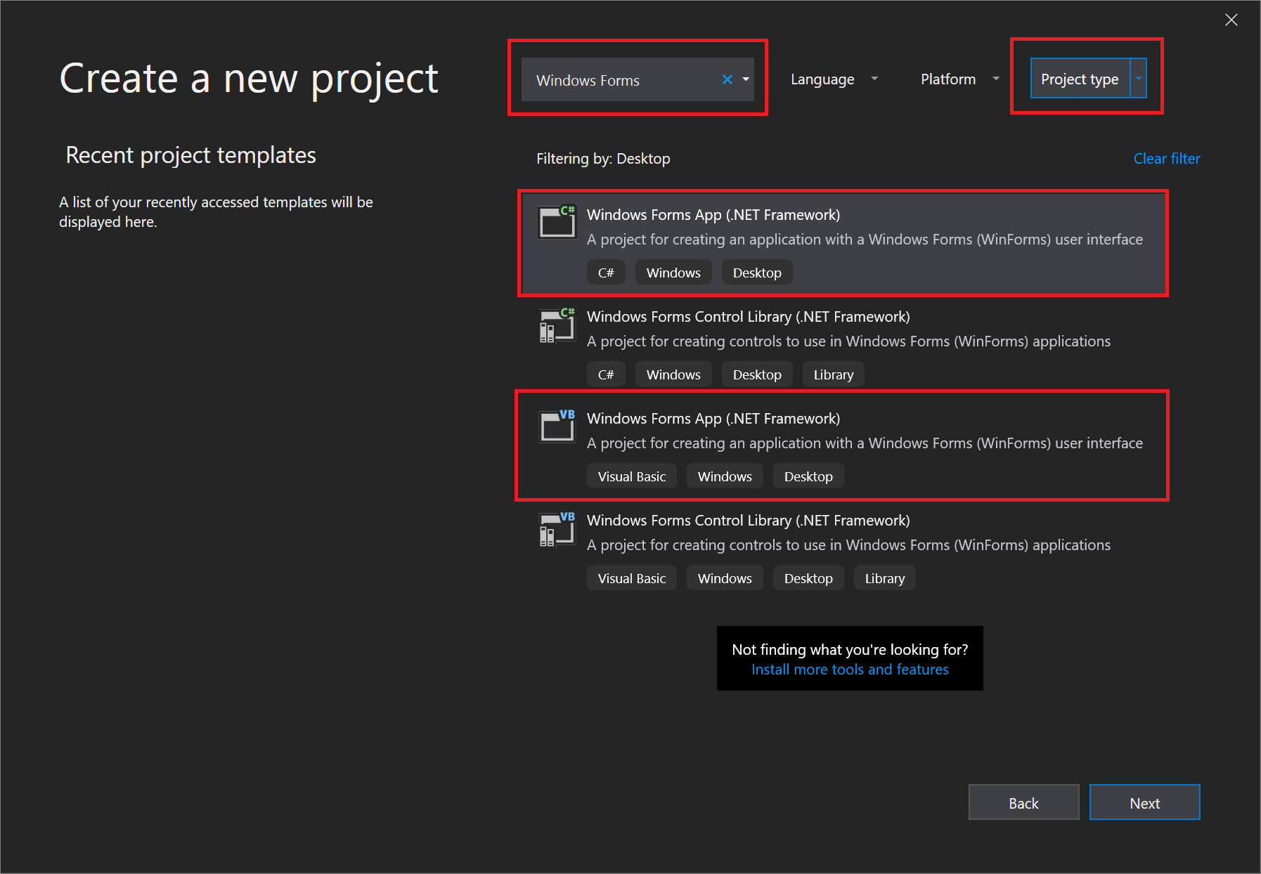 Screenshot that shows the Create a new project dialog box. The search box, the Project type list, and two templates are called out.