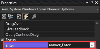 Screenshot that shows the Properties dialog box with the Enter event selected. The method box contains answer_Enter.