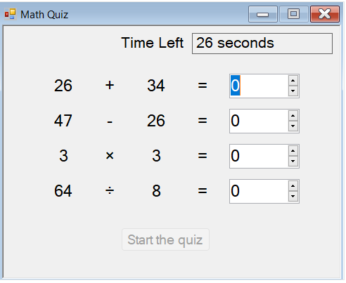 Screenshot that shows the quiz app with four random math problems. The default answer to the first problem is selected.