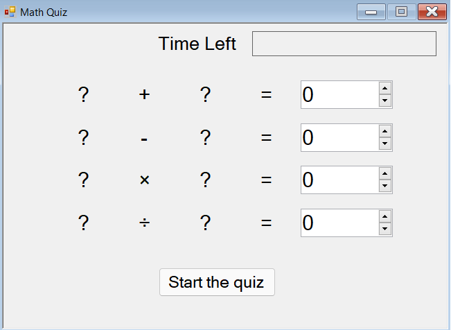 Screenshot that shows a math quiz with four rows of problems and a start button.