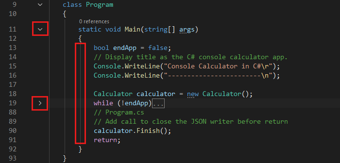 Скриншот, показывающий Visual Studio IDE с красными полями.