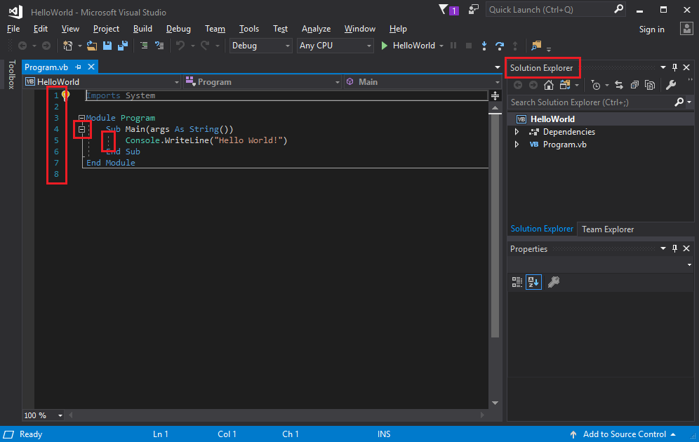 Снимок экрана: интегрированная среда разработки Visual Studio с красными рамками.
