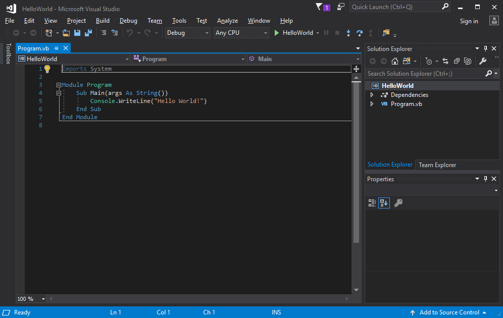 Снимок экрана: интегрированная среда разработки Visual Studio.