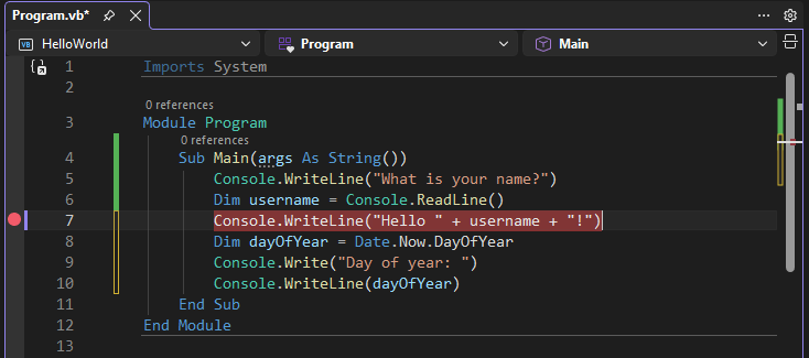 Скриншот, показывающий точку останова на строке кода в Visual Studio.