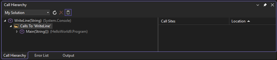 Скриншот, который показывает окно иерархии вызовов в Visual Studio.