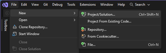 Скриншот выбора > New > Project в меню Visual Studio.