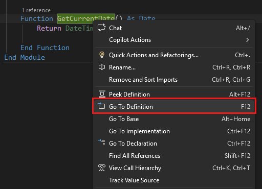 Screenshot, показывающий переход к определению в Visual Studio.