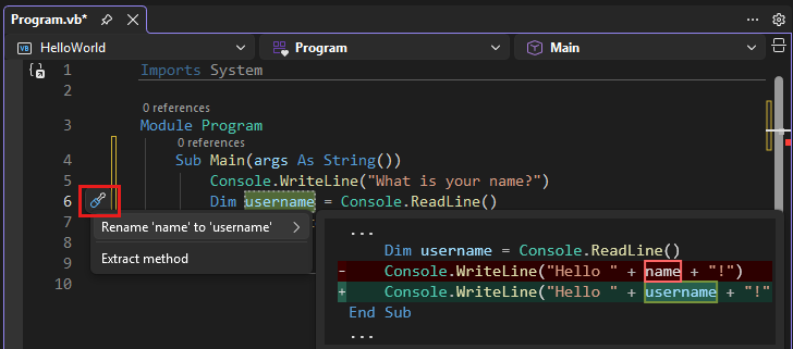 Снимок экрана с операцией переименования в Visual Studio.