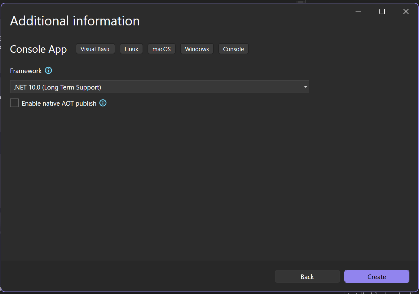 Снимок экрана: окно дополнительных сведений в Visual Studio с .NET 10.0, выбранное в качестве целевой платформы для нового проекта.