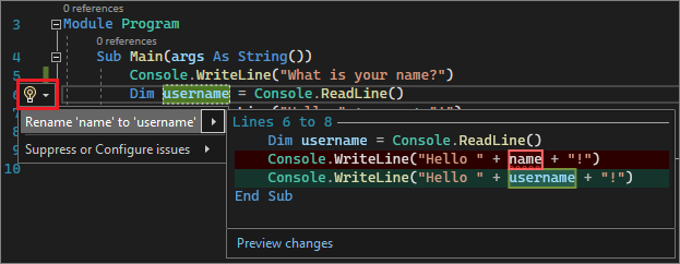 Снимок экрана: действие переименования в Visual Studio.