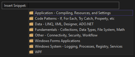 Screenshot showing the Insert Snippet window with a list of category folders that contain Visual Basic code snippets.