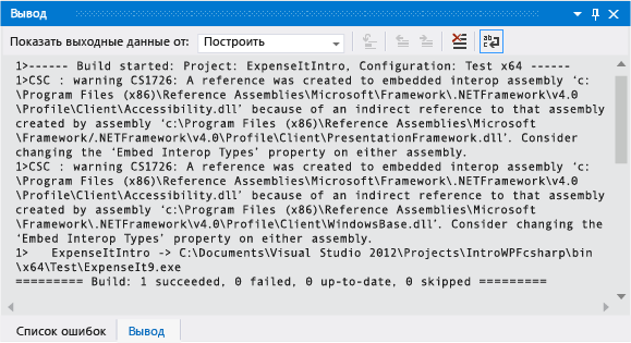 Screenshot of build warning in Output Window for C#.