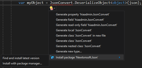 Быстрое действие для установки пакета NuGet в Visual Studio
