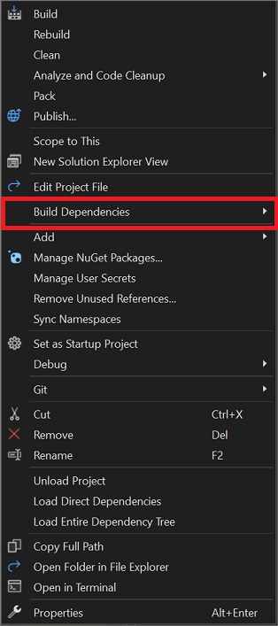 Screenshot of the right-click context menu from a project node in Solution Explorer, which shows an extra option.