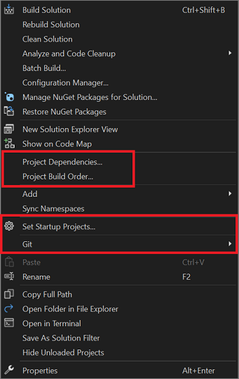 Screenshot of the right-click context menu from a solution node in Solution Explorer, which shows extra options.