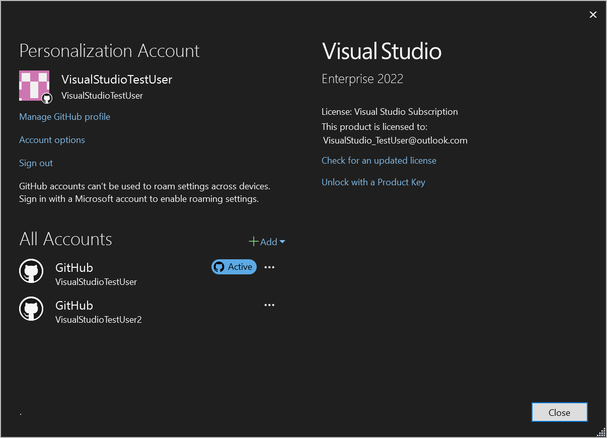 Снимок экрана: несколько учетных записей GitHub в диалоговом окне параметров учетной записи.