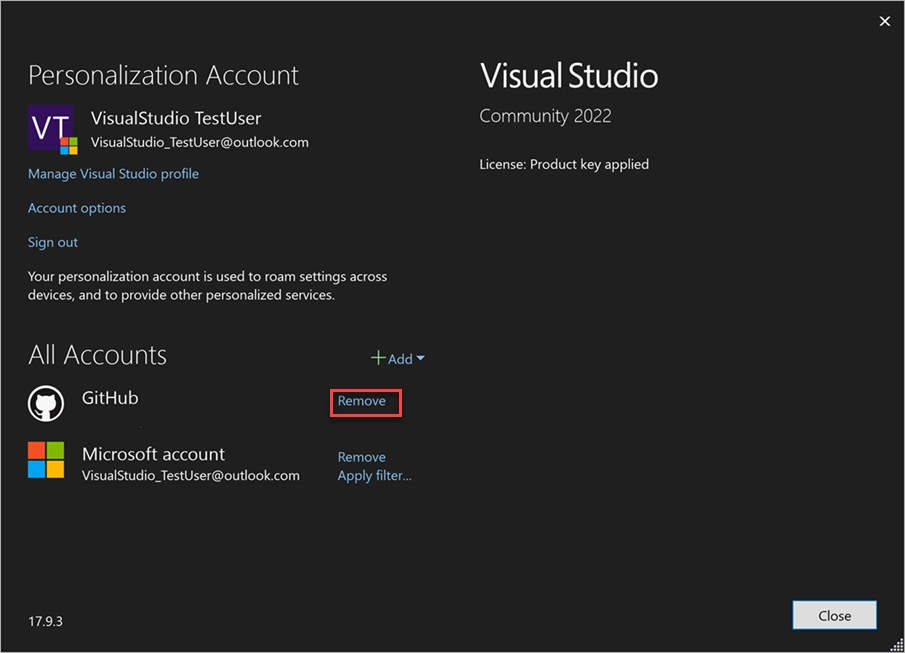 снимок экрана: удаление учетной записи в параметрах учетной записи.