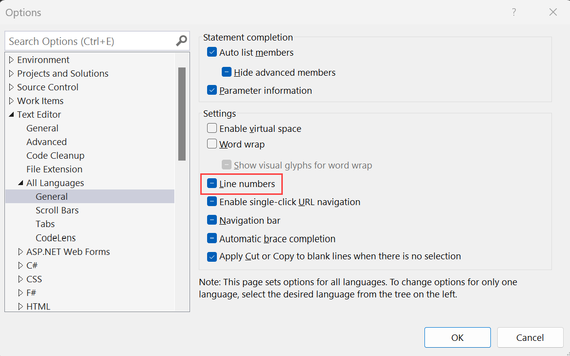 Screenshot of the Options dialog you can use to show or hide line numbers in the Visual Studio editor.