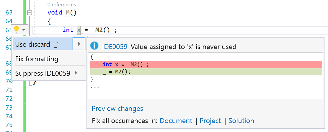 Снимок экрана: отмена неиспользуемого значения.