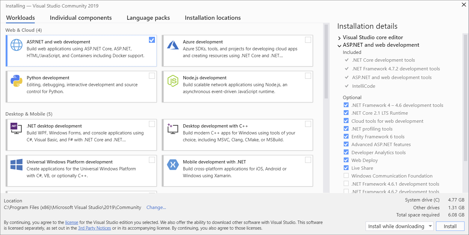 Screenshot showing the Workloads tab of the Visual Studio Installer.