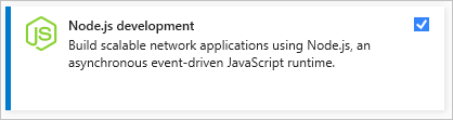 Снимок экрана: рабочая нагрузка Node.js, выбранная в Visual Studio Installer.