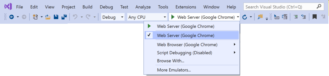 Снимок экрана: выбор Chrome в качестве целевого объекта отладки.