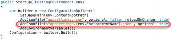 Screenshot of the Startup method, showing the builder variable using the AddJsonFile method to add an environment-specific appsettings json file.