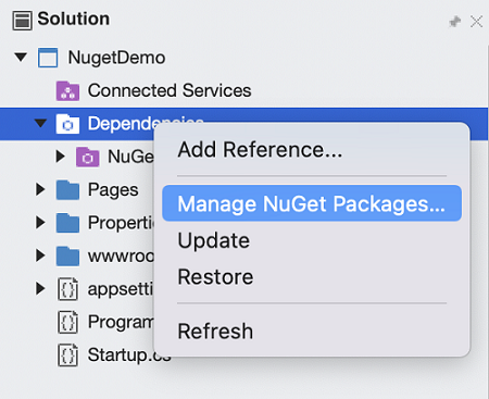 This screenshot is of Add new NuGet package context action.