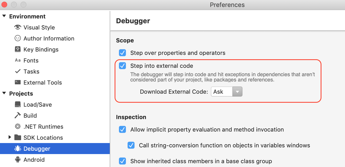 Screenshot of preferences dialog showing Step into external code checkbox