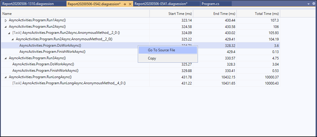 Средство .NET Async с выбранным пунктом 