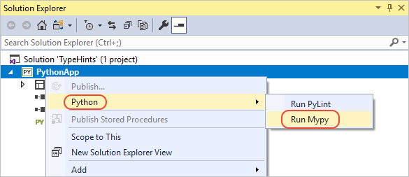 Run MyPy context menu command in Solution Explorer