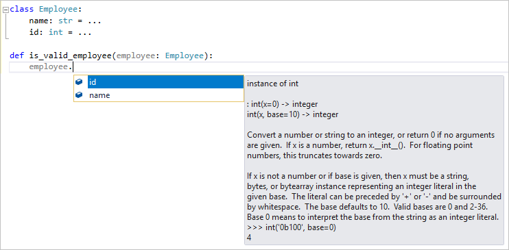 IntelliSense completion showing type hints